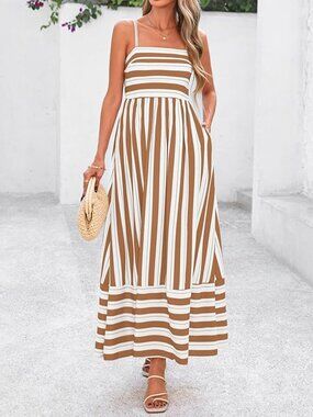 Spaghetti Strapped Womens Striped Dress - Color: White/Brown, Size Small